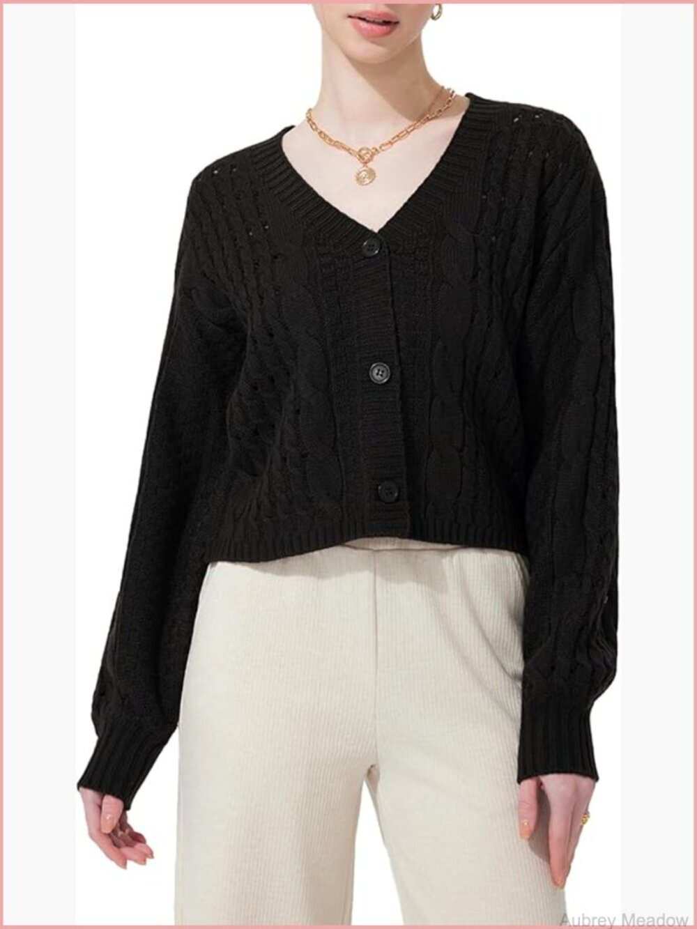 Womens Cropped Cardigan Sweater V Neck Button Long Sleeve Lightweight Cable